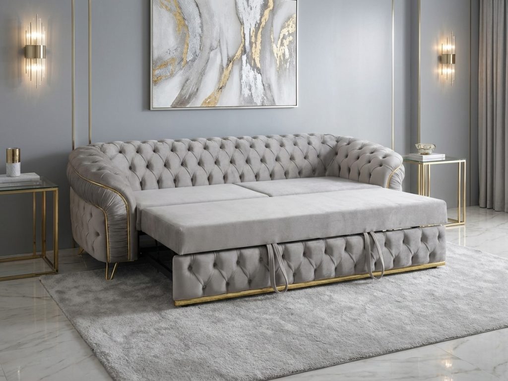 Canapea extensibila Chesterfield in nuante de gri, mecanism italian, oferta Givastar