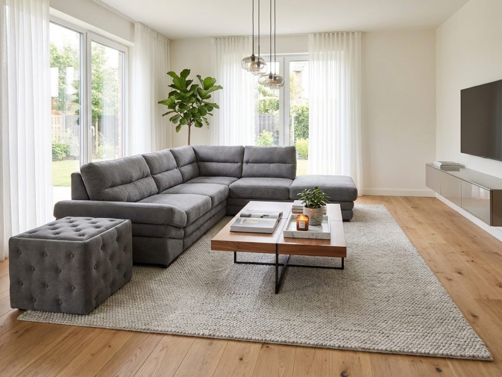 Coltar gri cu otoman pentru living, oferta Givastar, varianta moderna pentru spatii mari