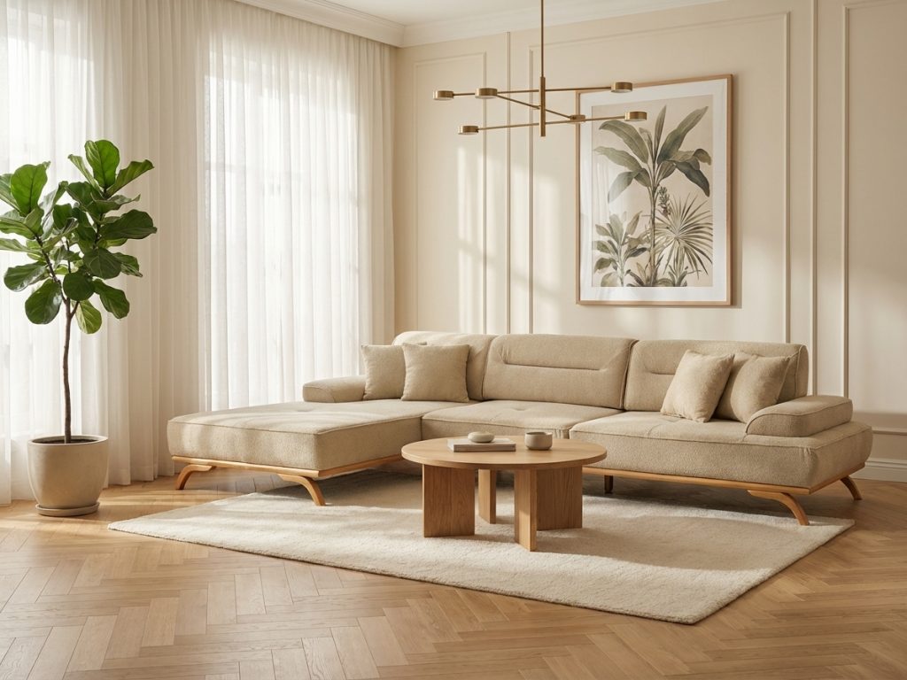 Living crem cu coltar in forma L, expus in showroom-ul Givastar din Braila