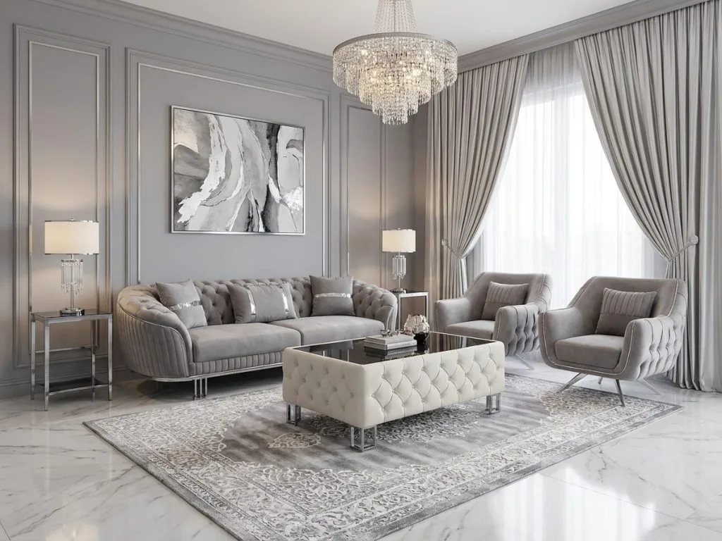 Set living gri tufted disponibil prin Givastar pentru clienti din Constanta